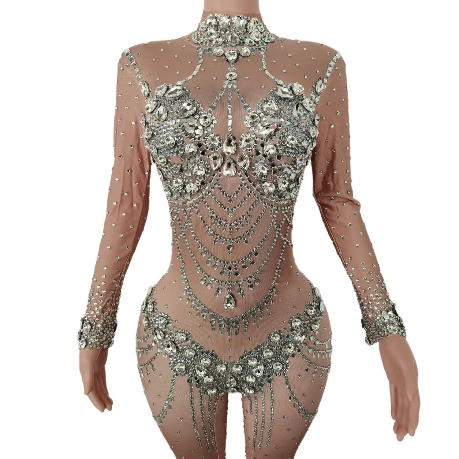 

2023 Women Sexy Sparkly Rhinestones Jumpsuit Long Sleeve Birthday Party Outfit Dancer Show Rompers Performance Stage Wear