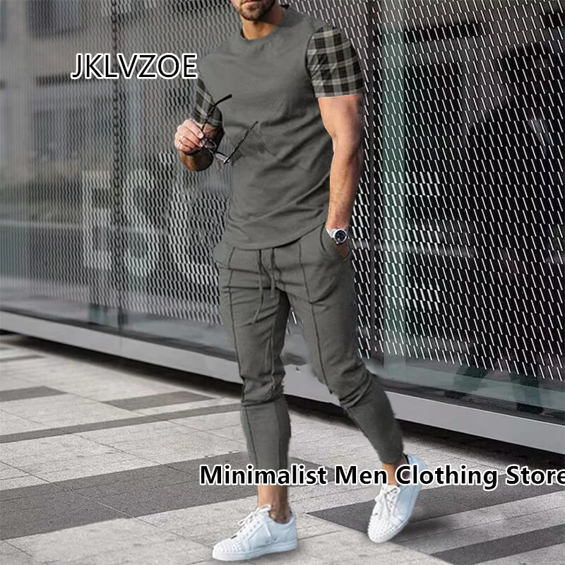 Men's Trousers Tracksuit 2 Piece Set Plaid 3D Print Short Sleeve T Shirt+Long Pants Jogger Suit Casual Streetwear Clothes