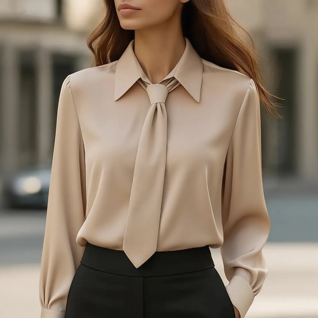 Women Black White Long Sleeve Solid Blouse Shirt for Spring Summer Workwear