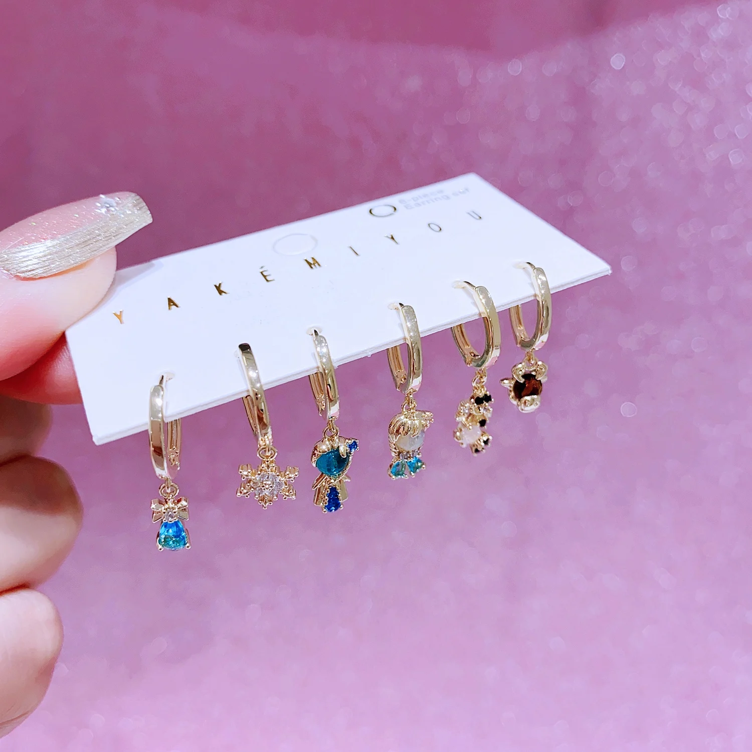 MIGGA 6pcs Fairy Tales Frozen Princess Dangle Earrings Set Gold Plated Huggie Earrings Women Jewelry 2