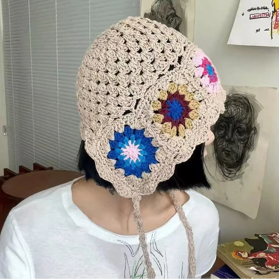 Breathable Hollowed Out Knitted Hat Casual Summer Skullies Hat Fashion Flowers Beret Cap for Women 2