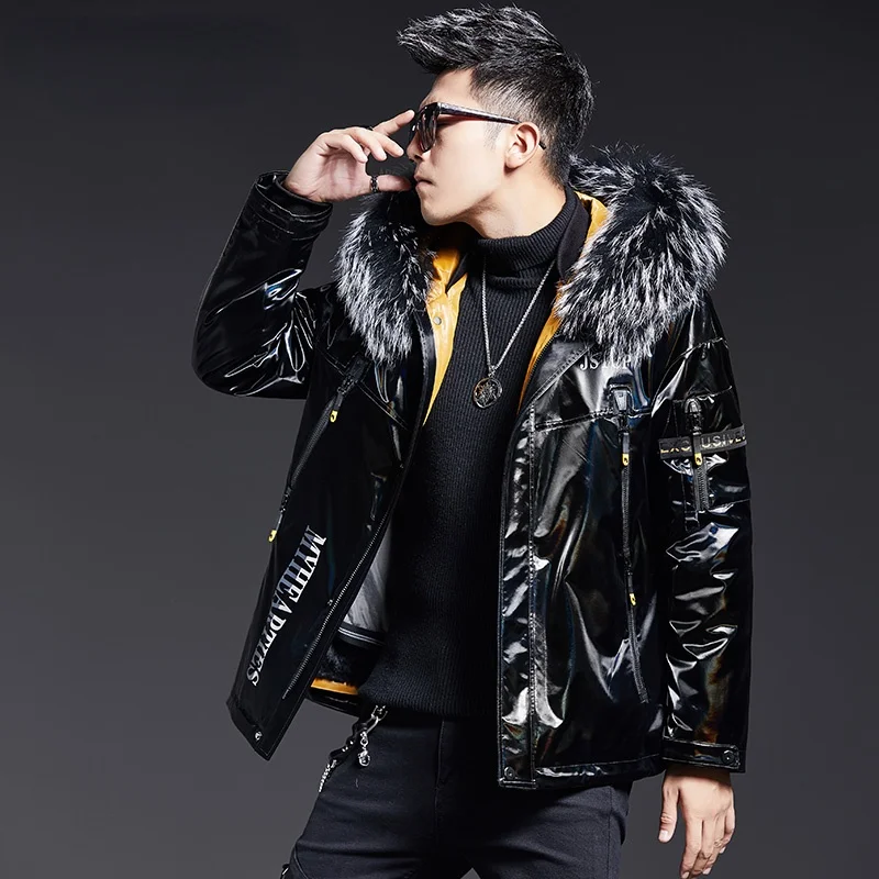 

Новинка, зимняя парка, мужская теплая куртка с натуральным кроличьим мехом, с капюшоном, молодежная модная черная глянцевая куртка, Мужская модная верхняя одежда, L - 5XL