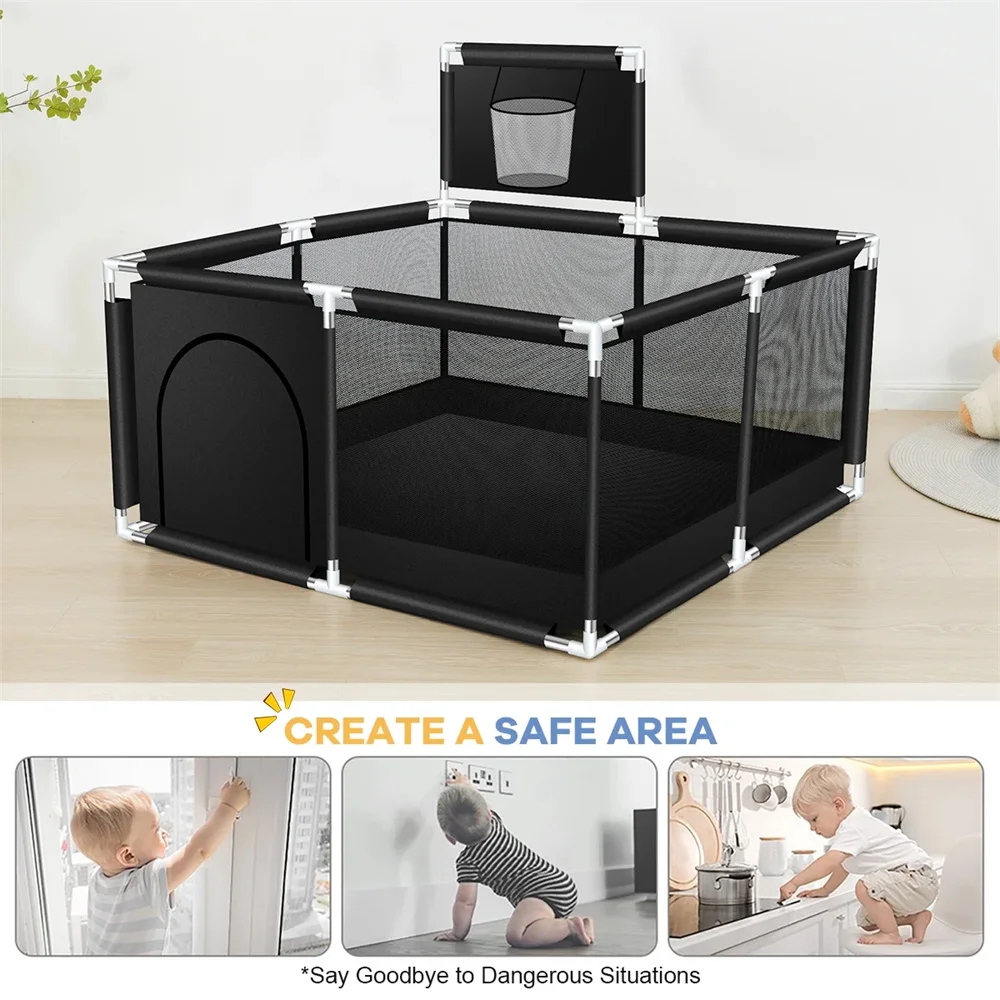 Large Square Baby Playpen (50x50 Inch) with Basketball Hoop