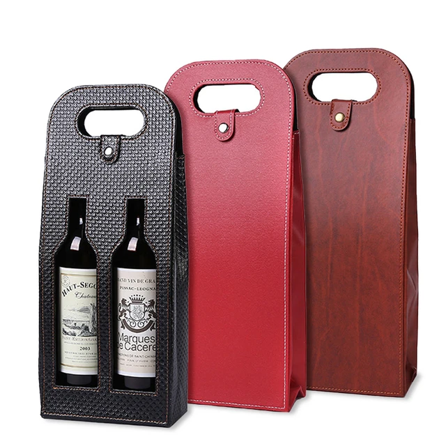 1PCS Black Double Red Wine Packing Box With Partition Snap Buckle Handle  Leather Pouch Handbag Beverage Gift Bottle Portable Box - AliExpress