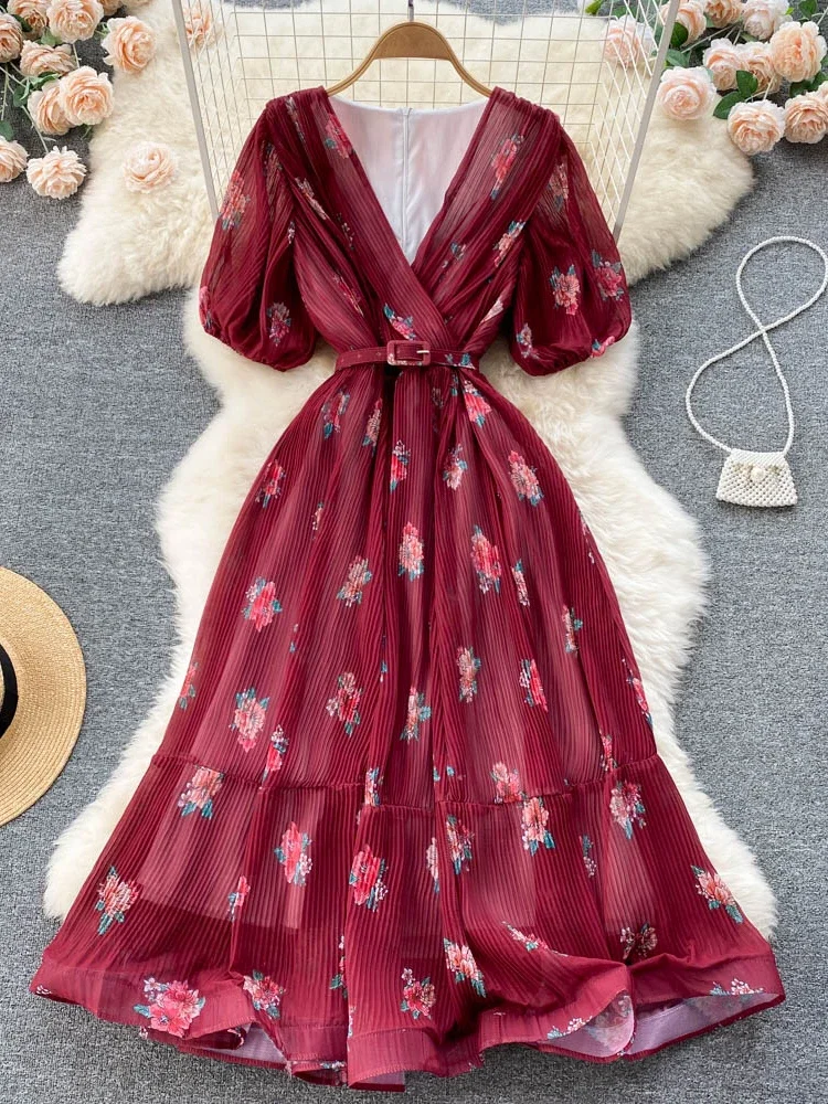 

Women French Elegant Dress Vintage Puff Sleeve V Neck Floral Beach Dresses Ladies A Line High Waist Pleated Boho Dress Vestidos