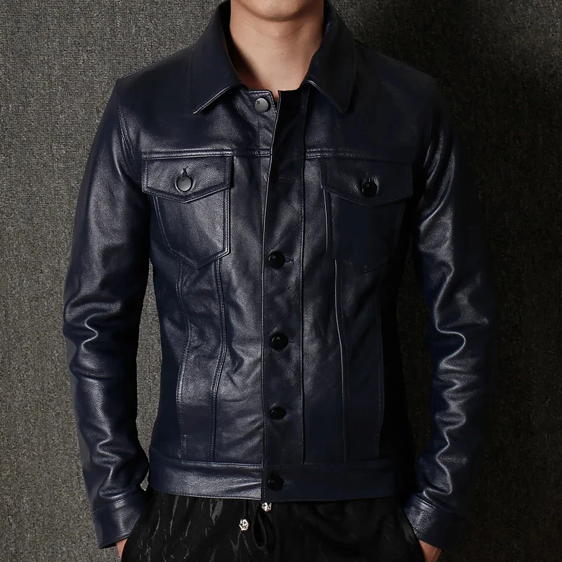 

YR!Free shipping.sales.Man fashion genuine leather jacket.dark blue casual cowhide coat.plus size slim young style cloth