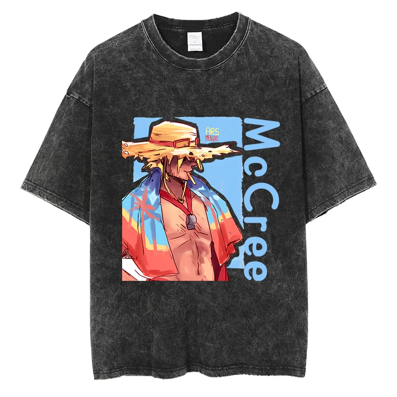 

Overwatch Games T Shirt Beach Mood McCree Graphic T-shirt Quality Cotton Vintage Men Women Oversized Black Short Sleeve Tees
