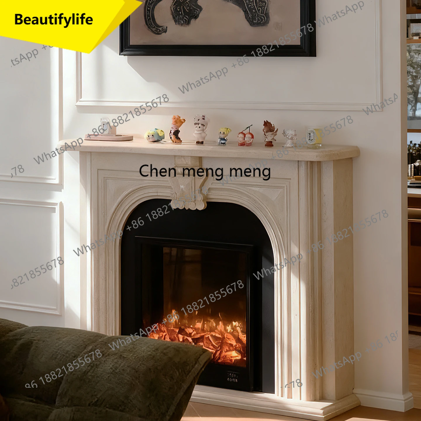 ตู้ตกแต่งห้องนั่งเล่นหินอ่อน 02M พร้อมเตาผิงหินอ่อนแกะสลักสีขาวสไตล์ฝรั่งเศส 1