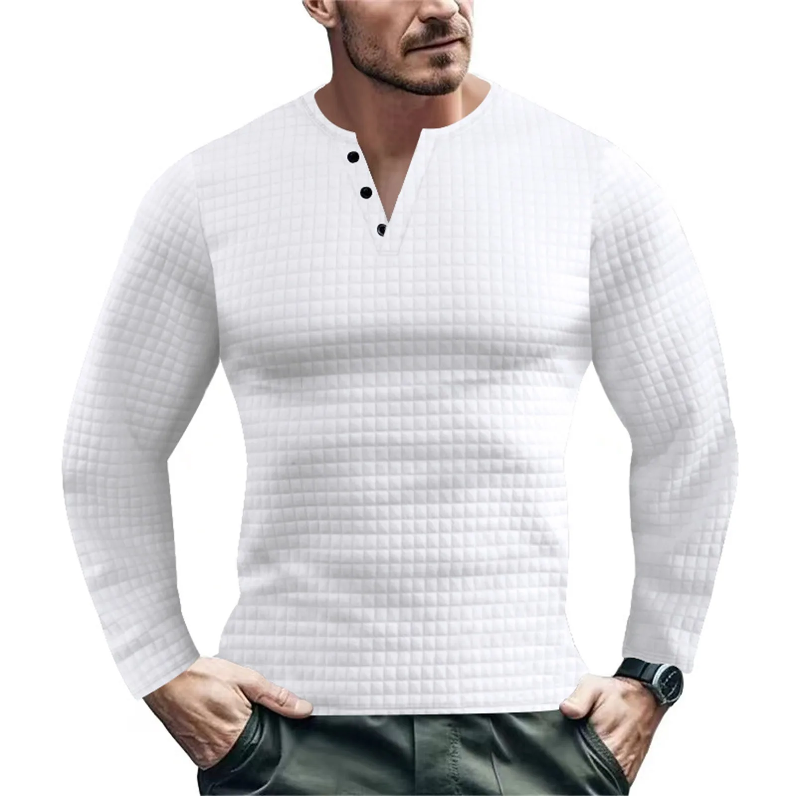 

Men's sports slim fit breathable t-shirts for white checkered pattern v neck long sleeved tops t shirt man casual Henley shirt