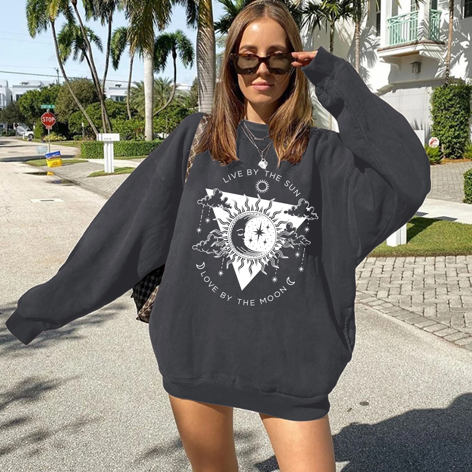 Seeyoushy LIVE BY THE SUN LIVE BY THE MOON Sun Moon Printed Ladies Top Y2K 2023 Trend Streetwear Autumn Winter Ladies Hoodie 3