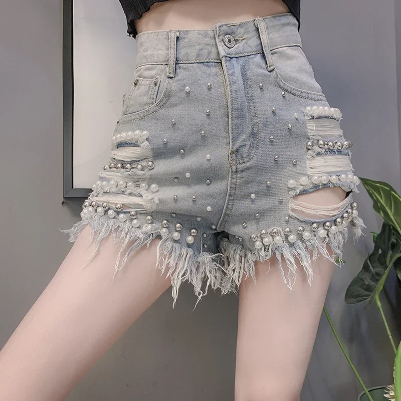 Club Distressed Ripped Korean Fashion Summer Sexy 2024 Women Denim Shorts Loose Casual High Waist Wide-legged Pearl Shorts Jeans