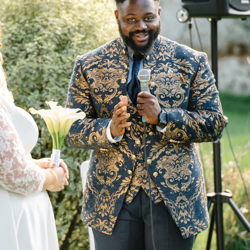 Floral Men Suits for Wedding with Stand Collar Formal Groom Tuxedo 3 Pieces Made Formal Fashion Jacket with Pants Vest