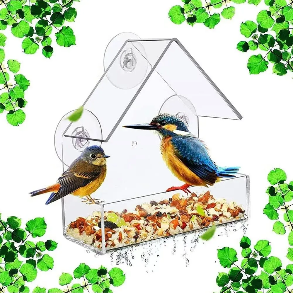 Bird Feeder Acrylic Clear Window Outside Hanging Bird Feeder House With Suction Cup For Garden Outdoor Backyard Wildlife Birding