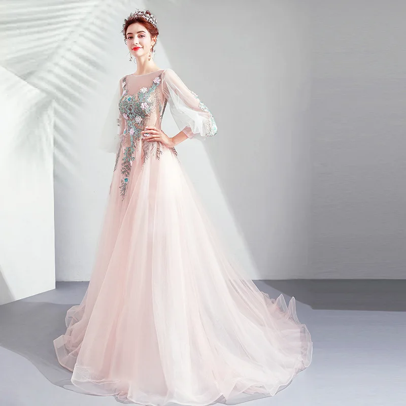 

Blush Pink Wedding Dress Long Sleeve Sweetheart Long 3D Flowers Lace Appliques Robe De Mariee Elegant Princess Bridal Gowns