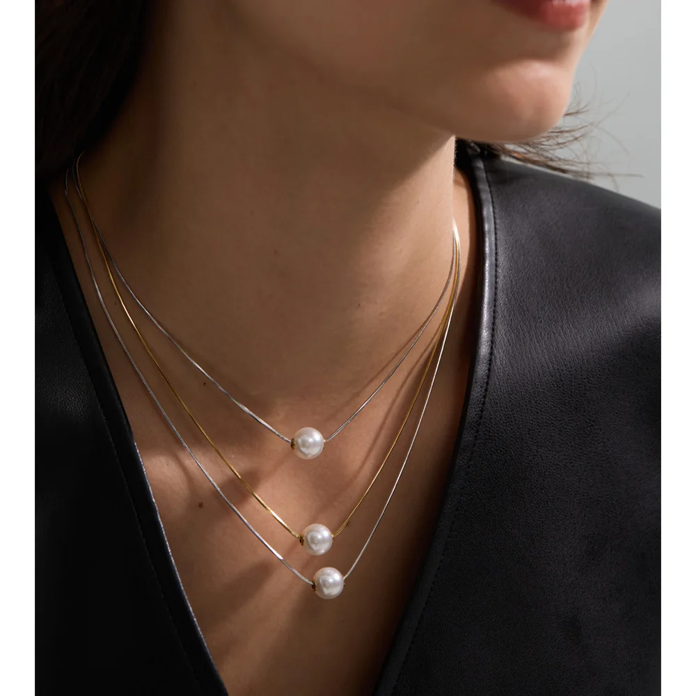 Yhpup Korean Stainless Steel Simulated Pearls 3-Layered Pendant Necklace