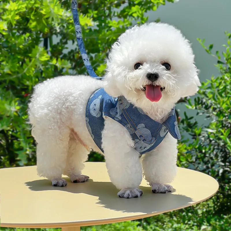 Denim Dog Harness And Collar Set With Leash, Cute Blue Puppy Vest_voghion.com