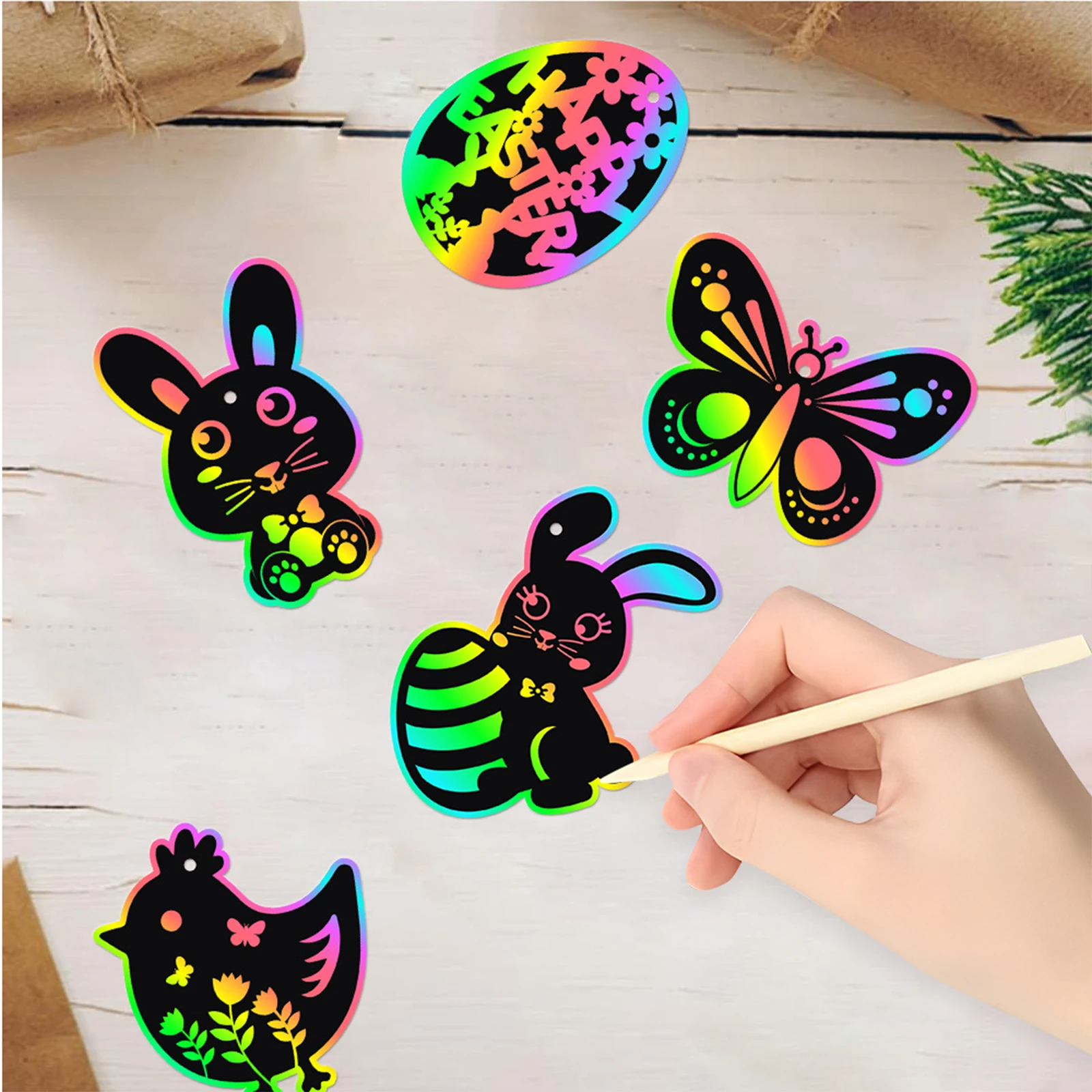 24x Easter Scratch Paper Set Hanging DIY Ornament 6 Wooden Stick and Ribbon Early Education Decorative Easter Crafts Scratch Art