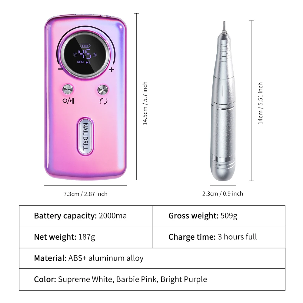 Electric nail drill 45000RPM rechargeable portable polisher for gel polish salon