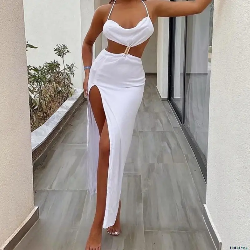 2022 Straps Sexy Backless Split Maxi Beach Dress Summer Holiday Elegant Cut Out Sleeveless Dresses Evening Club Party Solid sexy swimsuit cover ups