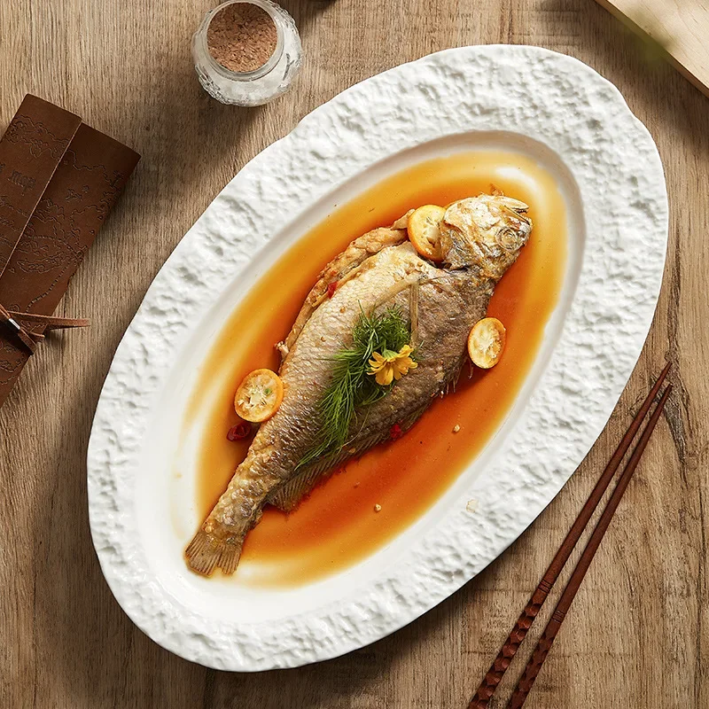 

Pure White Ceramic Fish Plate, High-End Hotel Restaurant Special Tableware, High-Grade Light Luxury Plate, Oval Disk, New