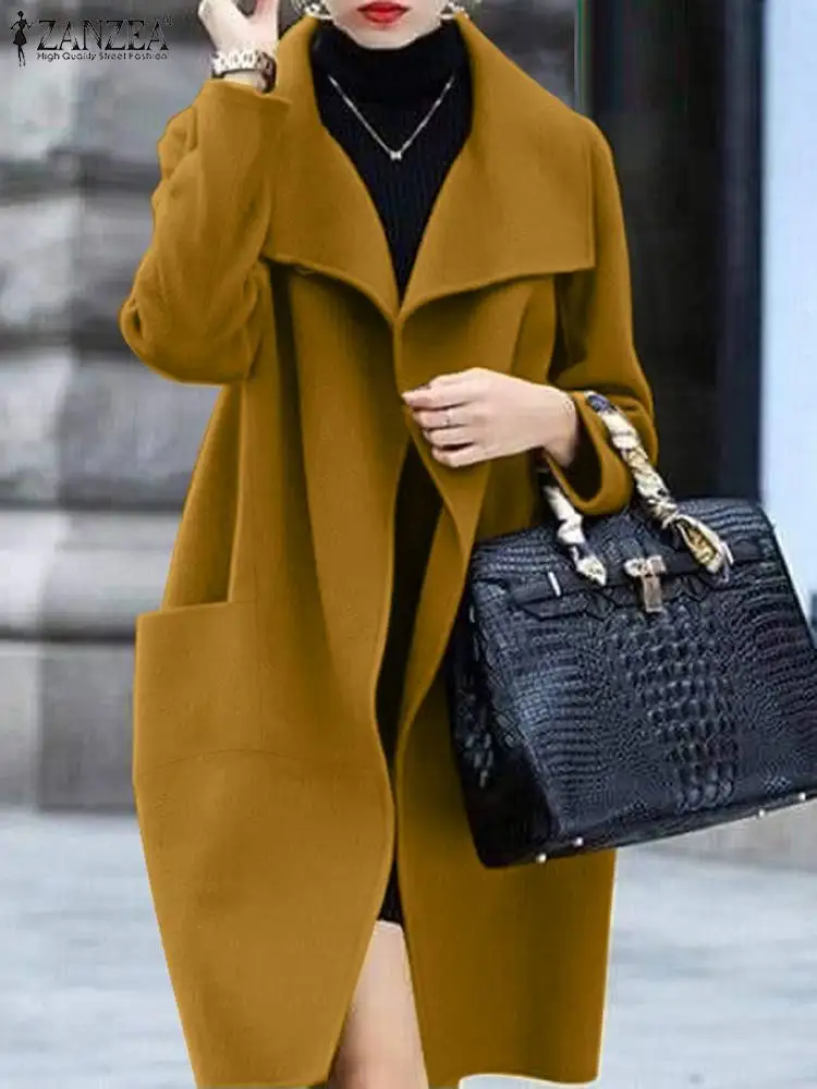 

ZANZEA Women Lapel Overcoat Fashion Long Sleeve Loose Woolen Coat 2023 Fall Winter Outwears Vintage Pockets Solid Parka Coats