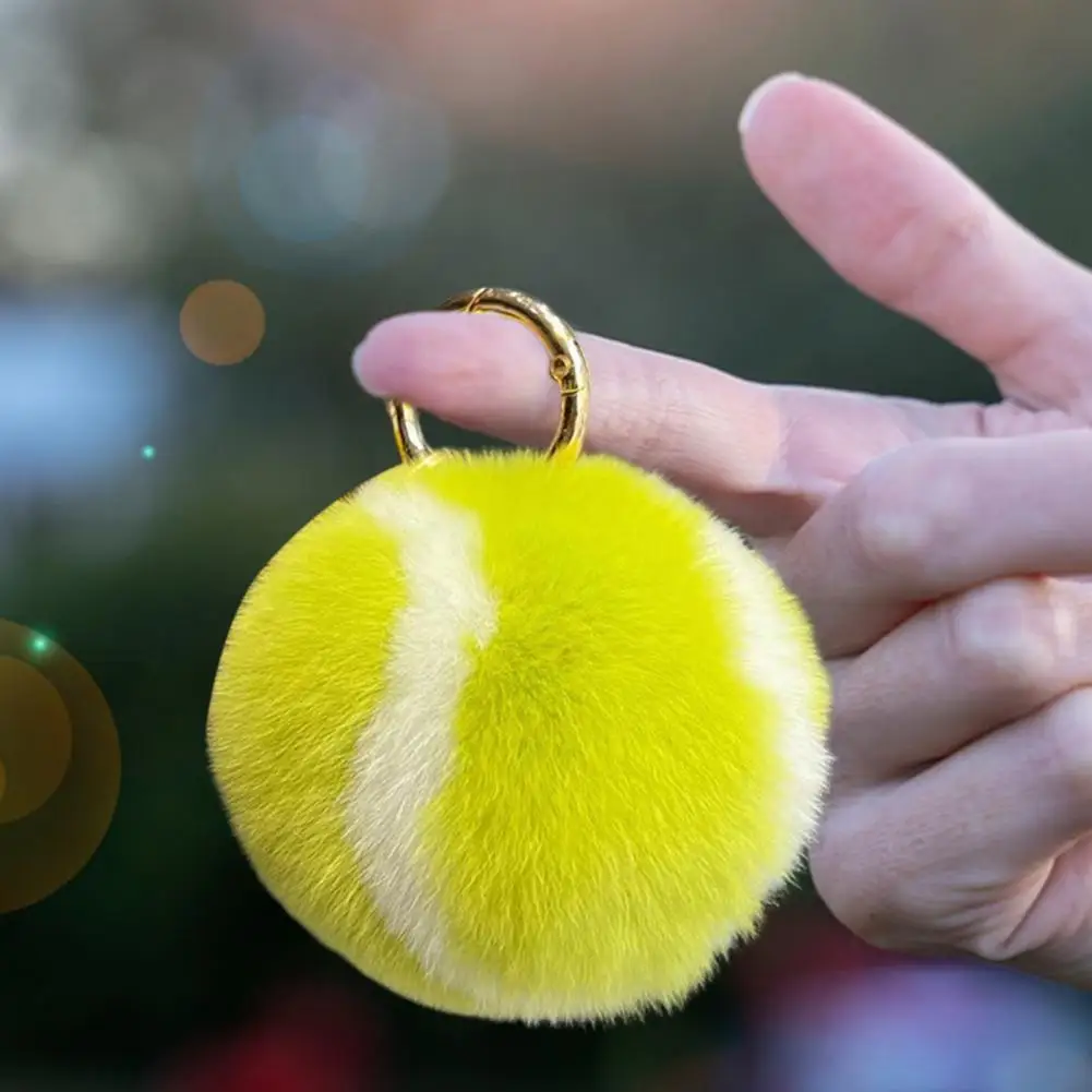Tennis Ball Keyring Sports Charms Metal Ring Stress Relief Fuzzy Round Squeeze Ball Keychain Pendant Plush Decoration