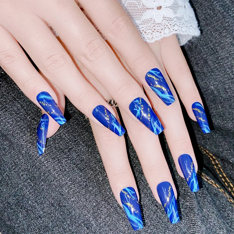 24pcs Colorful Blue Flame Design False Nail Ballet Press On Nails Long