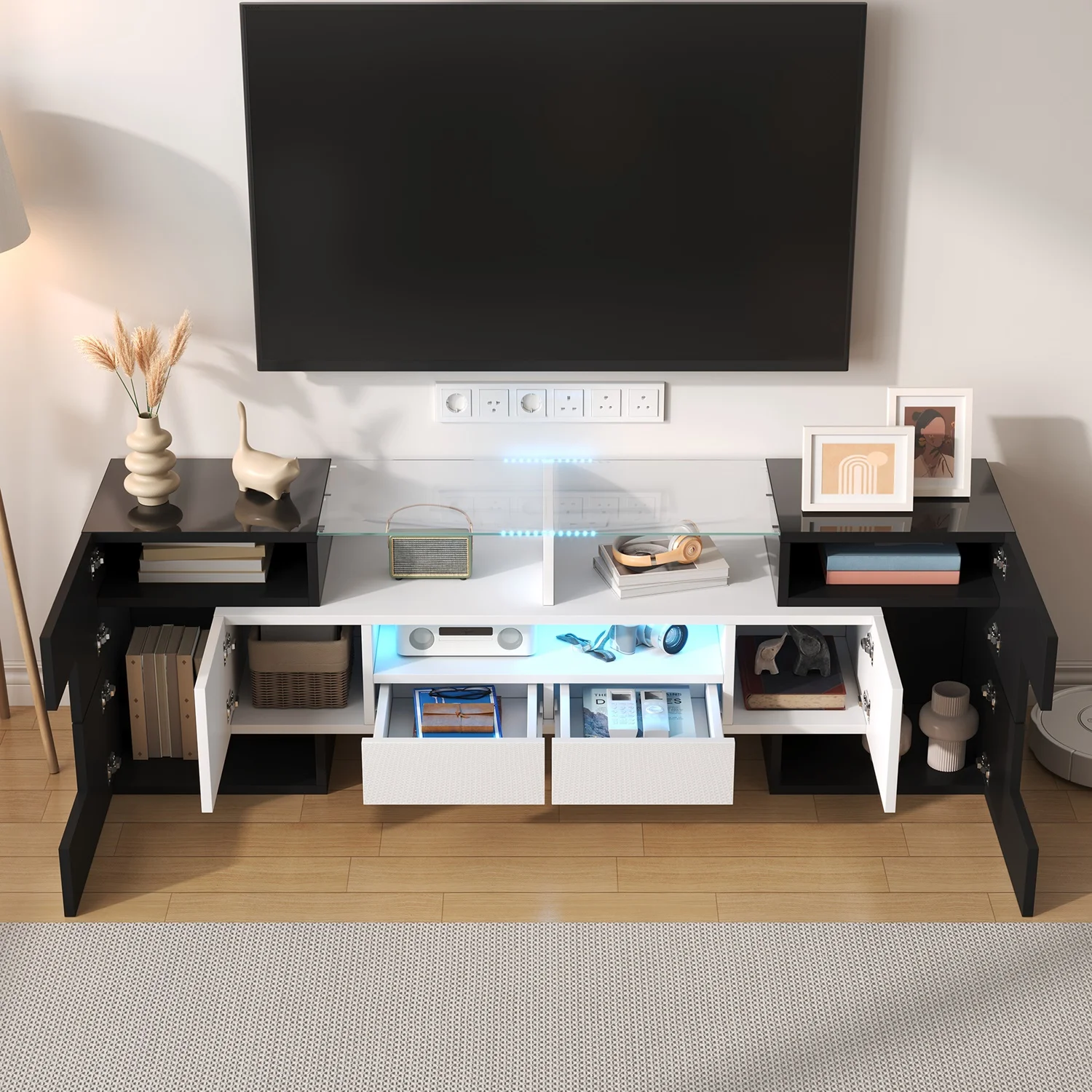 Stilvolles TV-Möbel 145x50cm, LED-Beleuchtung mit Stauraum, Lowboard mit Hochglanzoberfläche, Wohnzimmermöbel, Schwarz + Weiß – Detail 7