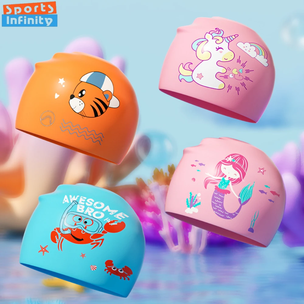 Cute Cartoon Children's Swimming Cap Mermaid Pattern Girls Silicone Swim Cap Dinosaur Crab Print Waterproof Swimming Hat for Boy 2