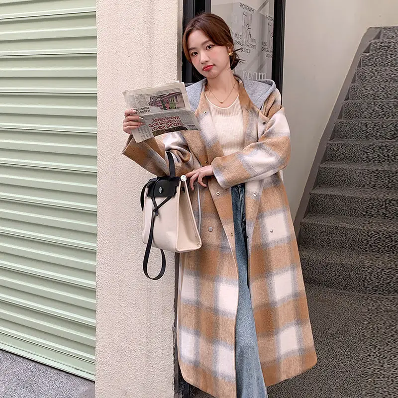 Women Long Below The Knee Double Breasted Woolen Coat Female Temperament Thicken Fashion Plaid Outwear Casual Hooded Outcoat