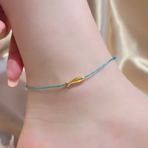 Real 925 Sterling Silver Zircon 14K Gold Fish Charm Anklets for Women Cute Animal Fine Jewelry Weaving Rope Accessories