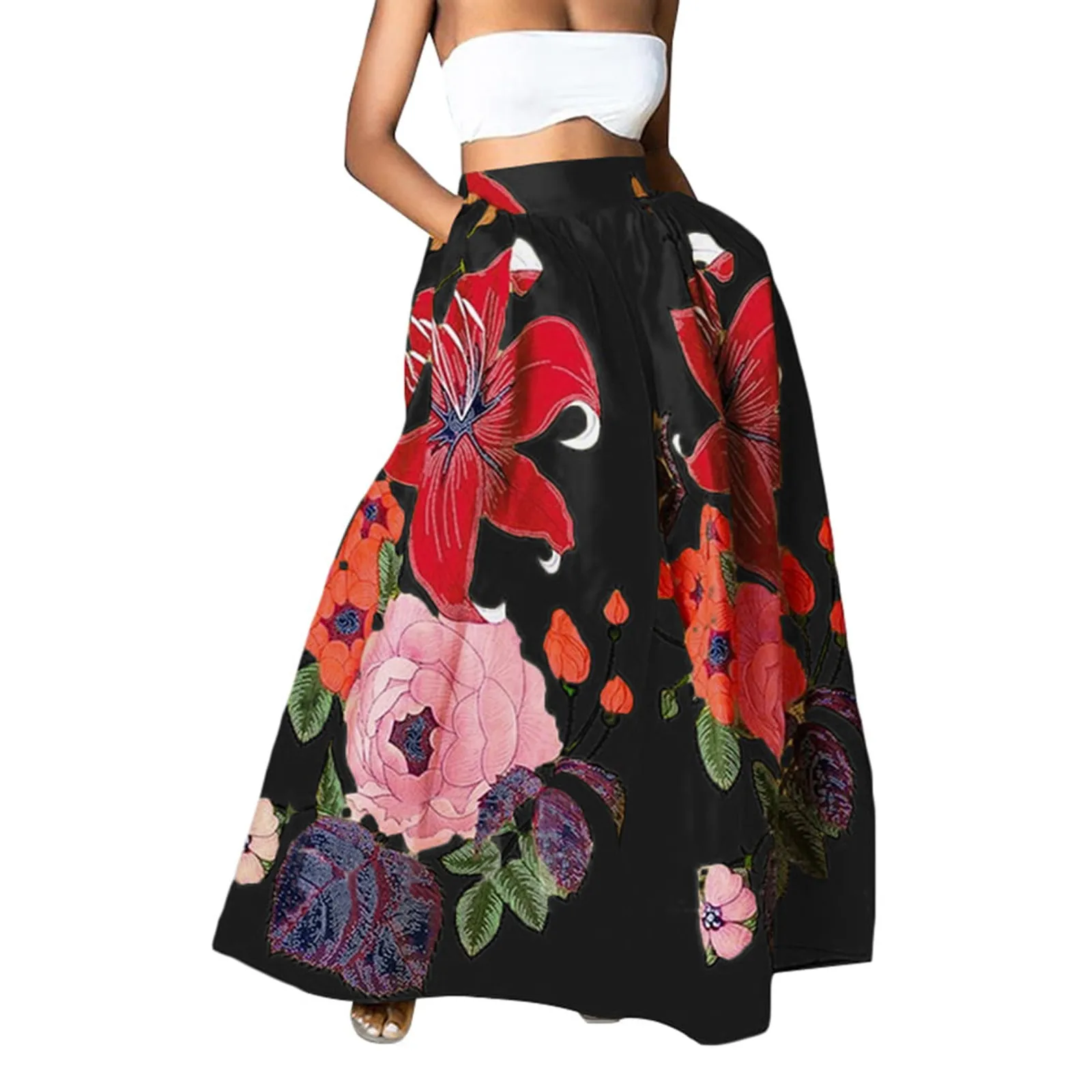 

Women'S Fashion Floral Print Loose Half Skirt High Waist Beach Extra Long Dress Roupas Feminina Falda Larga Mujer 2024 New