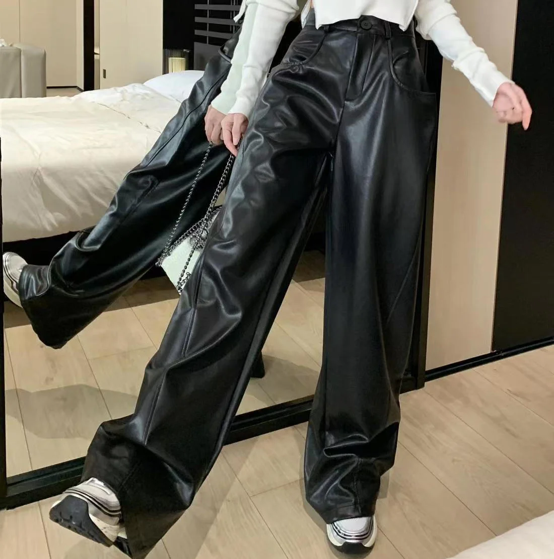 Black-Leather-Pants-for-Women-New-Korean-Fashion-High-Waisted-Wide-Leg ...