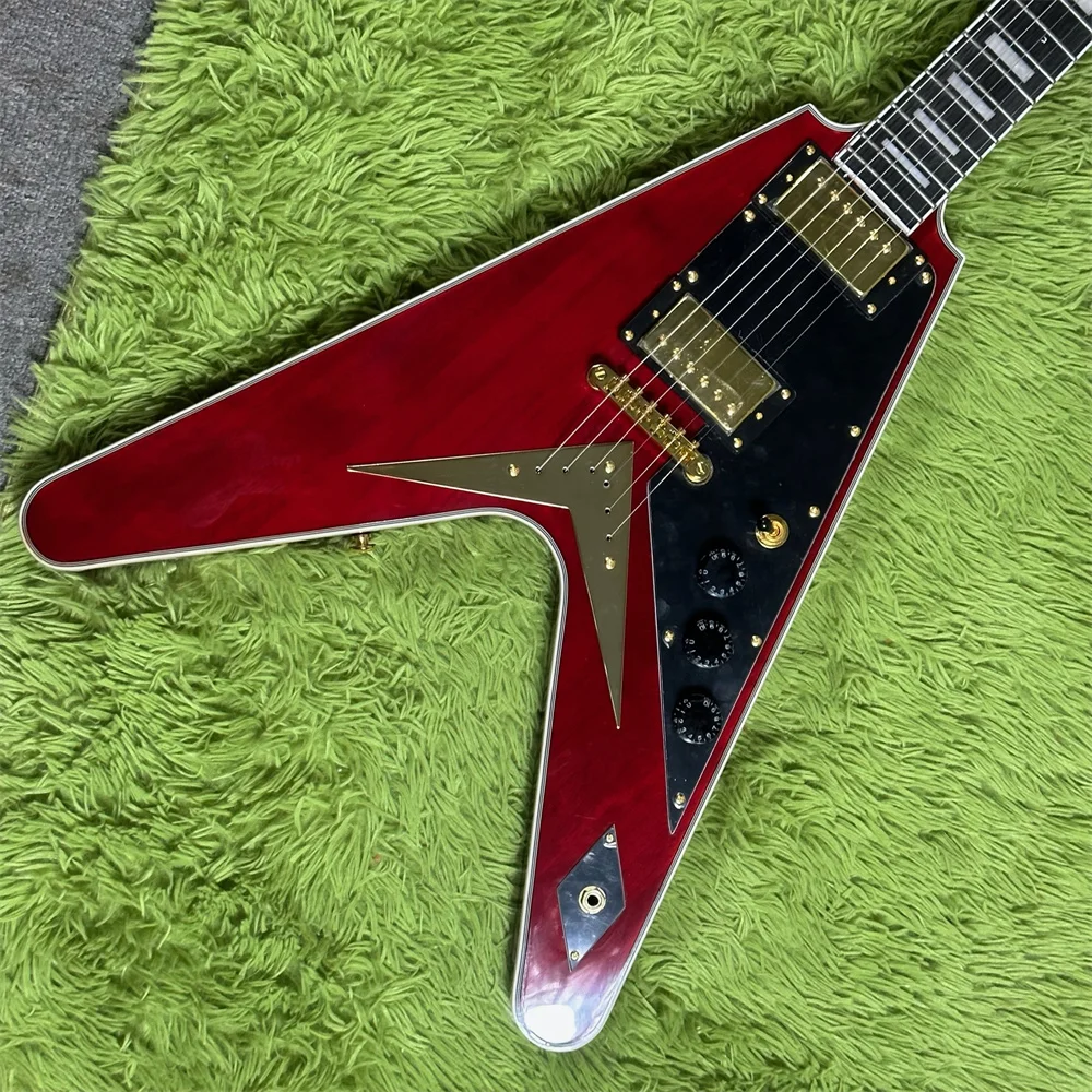 

Free Shipping Electric Guitar Gold Hardware Flying V Transparent Red Mahogany Body And Neck with 22 Frets Guitars guitarra