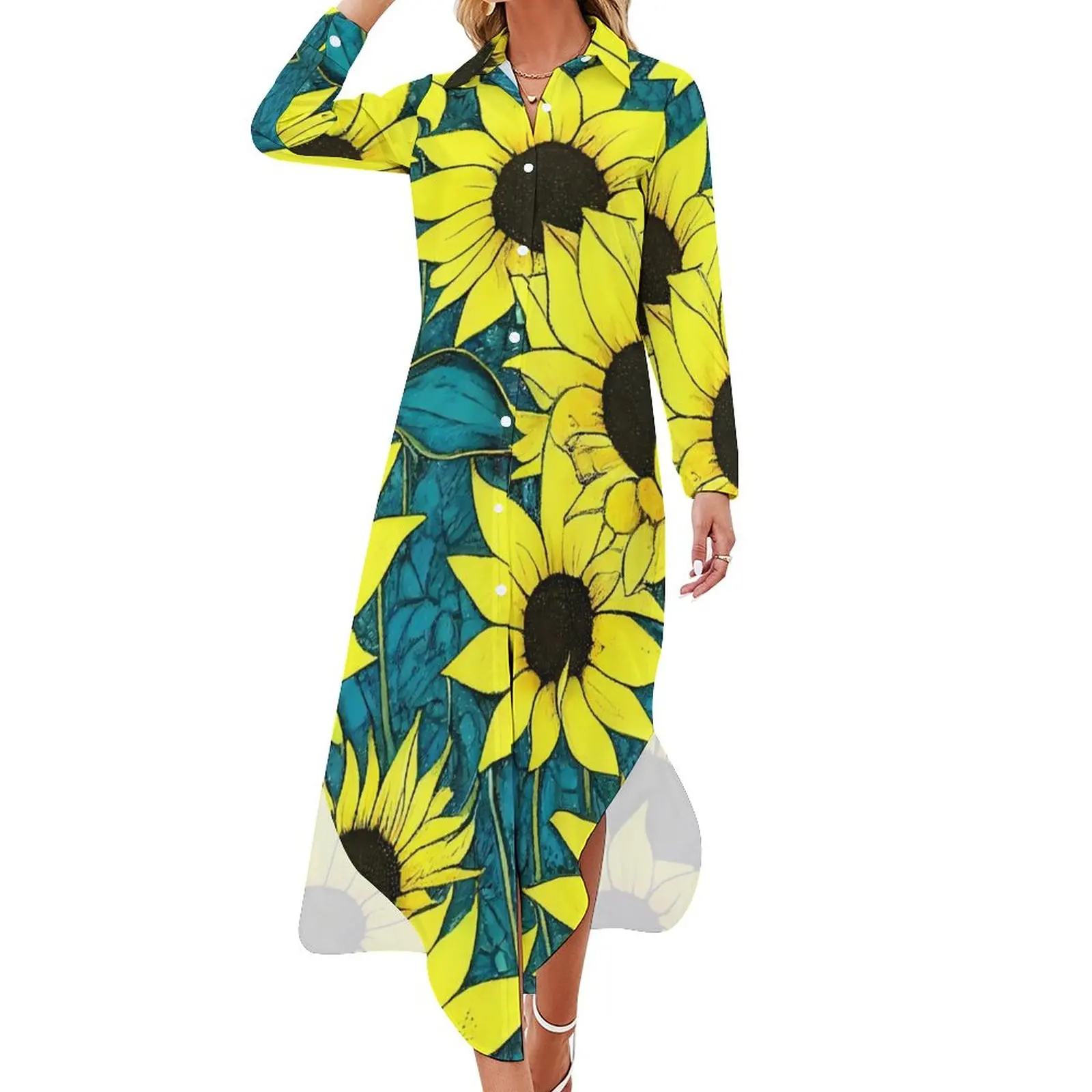 

Cool Sunflower Chiffon Dress Huge Sunflowers Pretty Dresses Womens Long Sleeve Street Style V Neck Printed Big Size Casual Dress
