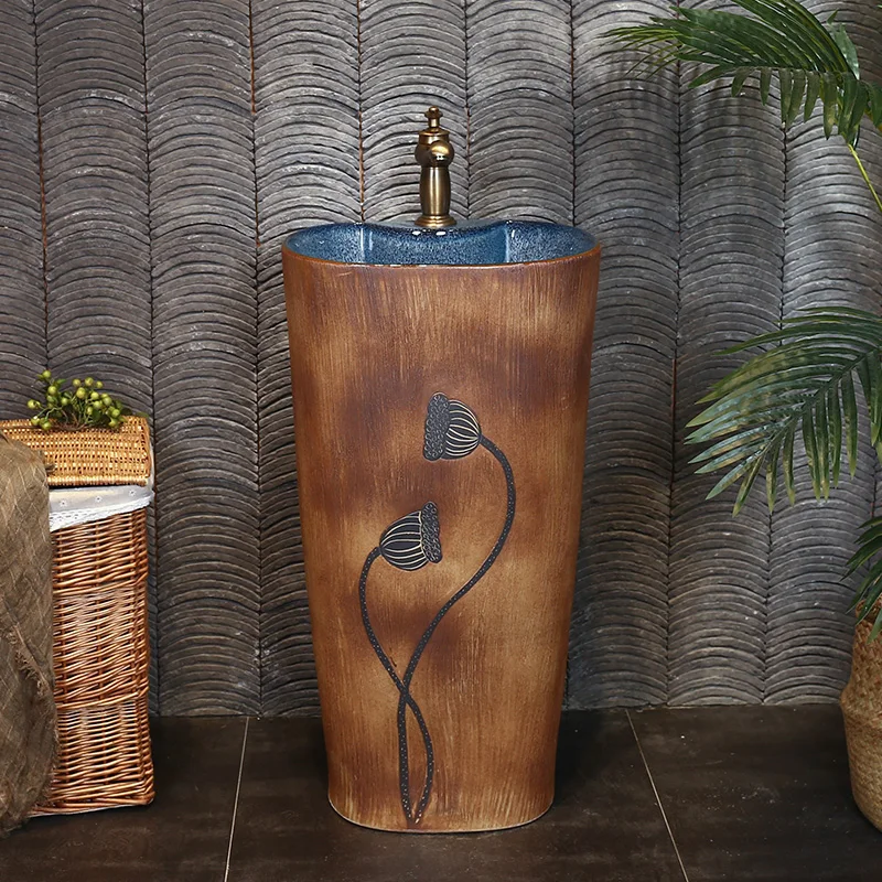 

Chinese style ceramic pillar style face washing balcony bathroom floor standing hand washing retro pillar integrated water pool