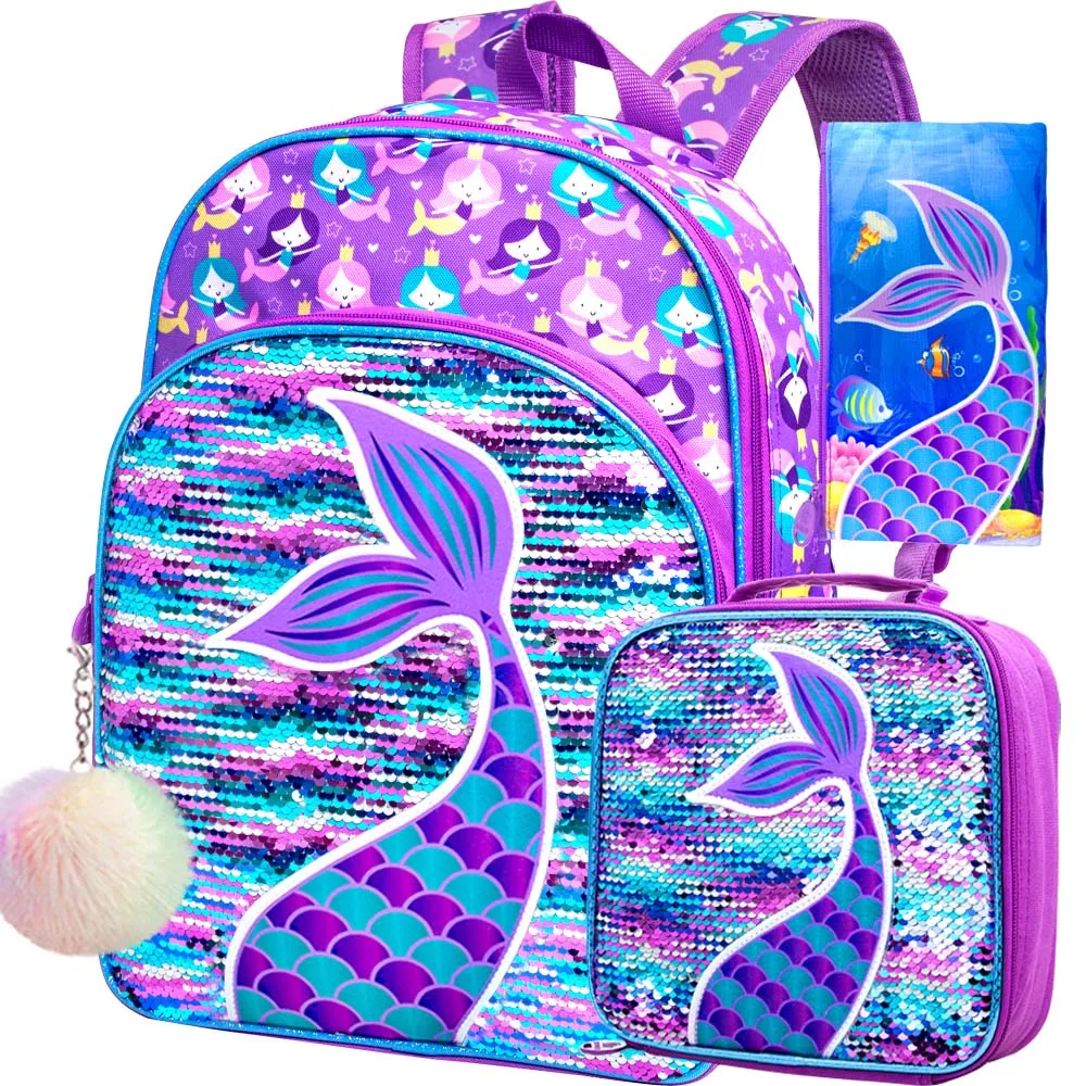3PCS Mermaid Backpacks for Girls, 16" Little Kid Sequin Preschool