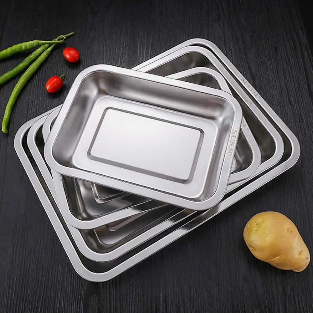 1Pcs Grill Meat Deep Stainless Steel Tray Rectangle Kitchen Accessories Steamed Rice Sausage Plate Barbecue Tea Storage