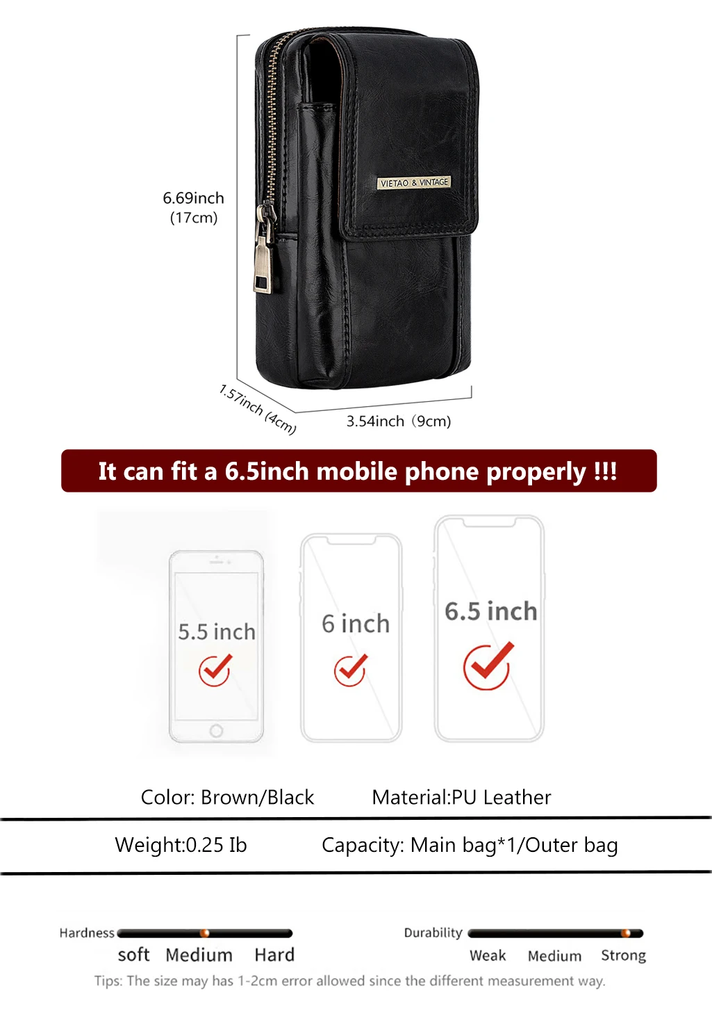 PU Leather Phone Holster with Belt Loop & Clip Multifunctional Big Capacity Cell Phone Universal Holster Waist Bag Compatible