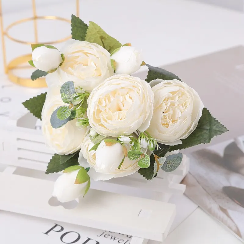 Artificial Flowers 30cm Rose White Peony Bouquet 5 Big Head and 4 Bud for Home Wedding Decoration Indoor