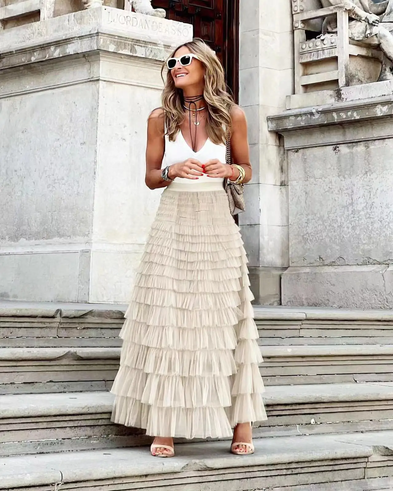2024 New Casual Womens Solid Ball Gown Long Skirt Tulle High Waist Pleated Elegant Ladies Wild Mesh Dating Maxi Skirts Drop 5