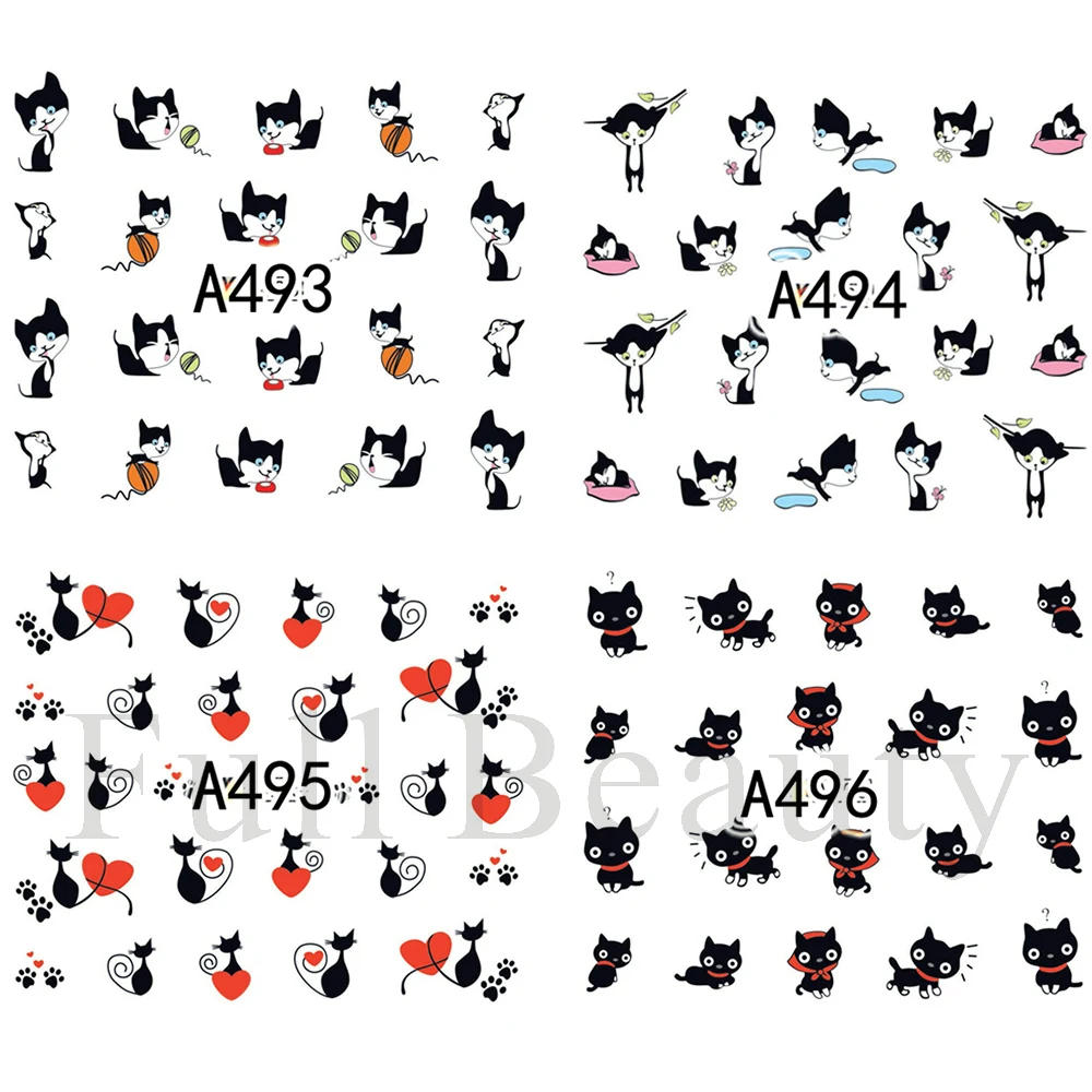 12 sztuk czarne koty naklejki do paznokci Cute Cartoon zwierząt suwaki do paznokci Love Heart Transfer woda naklejki Manicure tatuaż NLA493-504