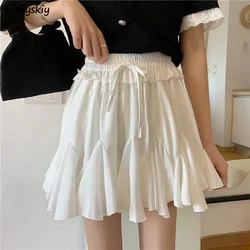 Skirts Women Sweet Chiffon Elegant Stylish Pleated Empire Elastic Waist Lace-up Ruffles A-line Ulzzang All-match Daily College