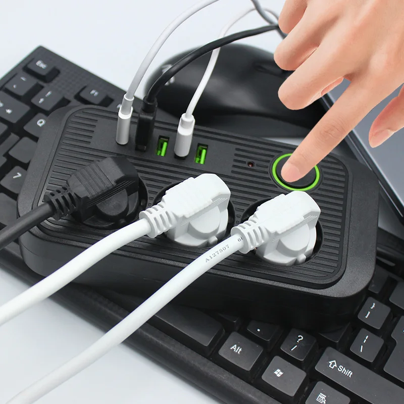 Power strip extension cable 2M 3AC outlets 4USB 1Type C EU plug