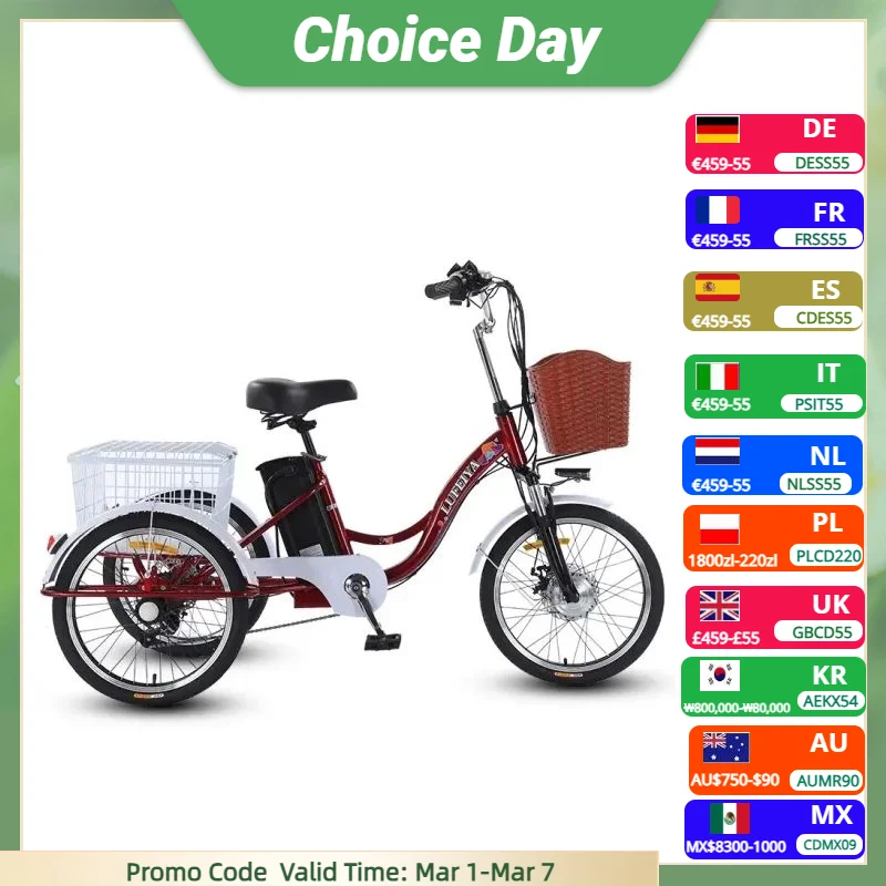 Tricycle électrique adulte à 3 roues, batterie au lithium 12A avec panier de traction 350W 20 pouces, Tricycle de vélo électrique, vitesse maximale 20 Km/H