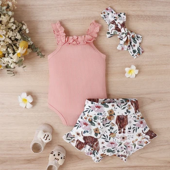0-18M Infant Baby Girl 3Pcs Off Shoulder Romper Tops Bull Print Short Pants Head Band Summer Clothing 3