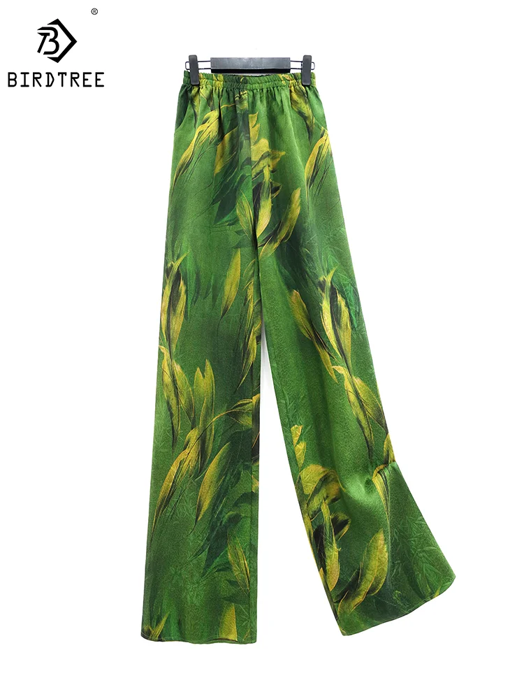 

Birdtree XiangYunSha Pure Real Silk Wide Leg Pants, Women's Pocket Leaves Print Loose Pants, Spring Summer 2024 New B42926QM