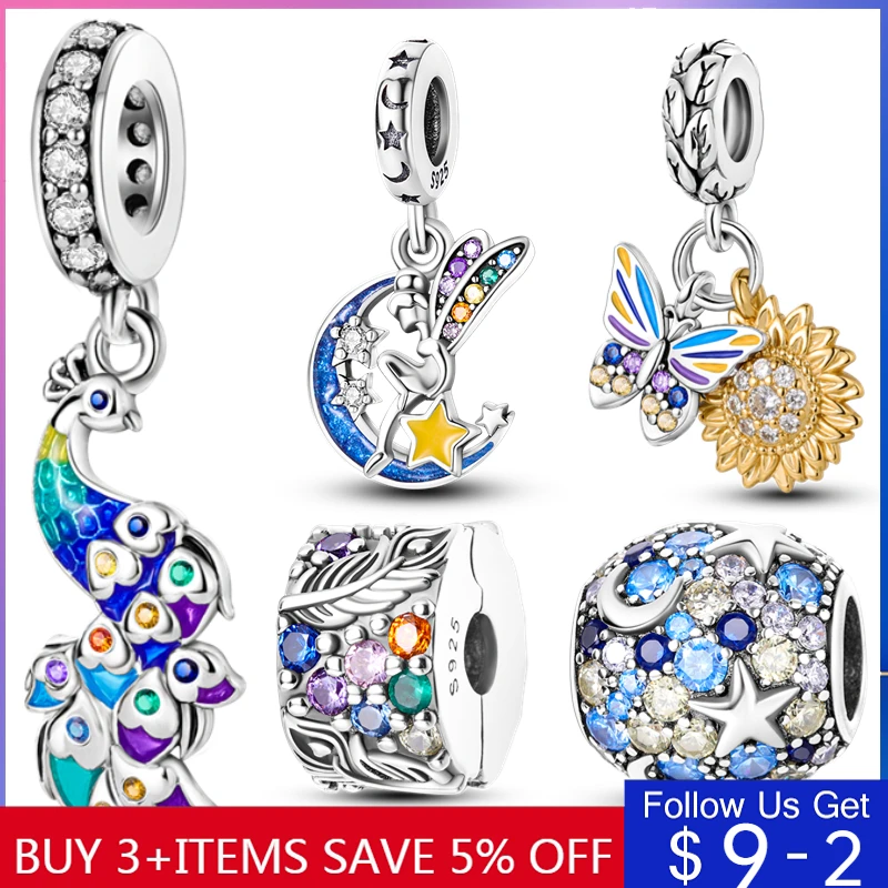 

Real 100% 925 Sterling Silver Colorful Peacock Star Moon Sun Butterfly Charm Fit Original Pandora Bracelet Diy Jewelry Making