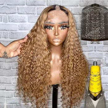 Ombre Honey Blonde Bouncy Curly V Part 100% Human Hair Wigs Golden Brown Side Open Wig Peruvian Water Wave Full U Shape Machine