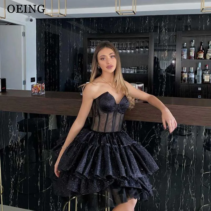 

OEING Black Prom Dress Elegant Strapless Illusion Party Dresses Mini Homecoming Dress For Girls Gala Formal Occasion Gowns